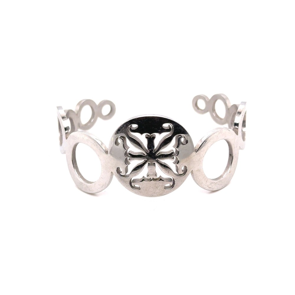 Rustic Cuff Silver Tone Open Circle Medallion Statement Bracelet